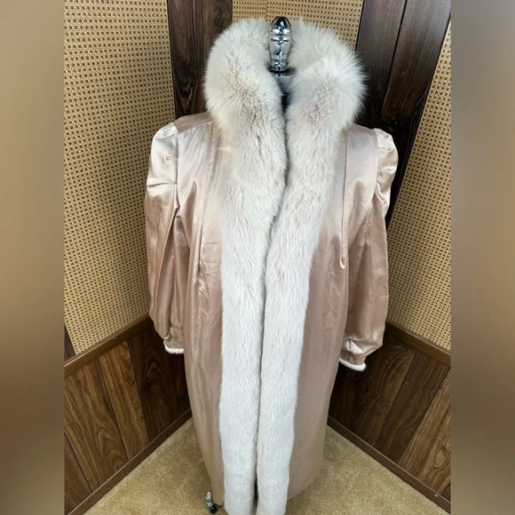 STUNNING VINTAGE FULL LENGTH IVORY CREAM MINK & FOX COLLAR FUR COAT JACKET XL - Picture 7 of 10